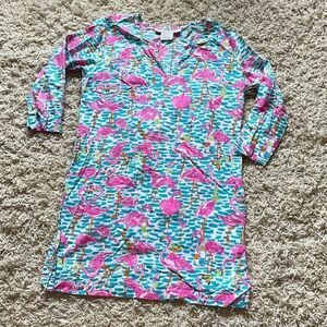 Gretchen Scott Cotton Gauze Tunic Beach Cover Up Pink Flamingos Small S EUC